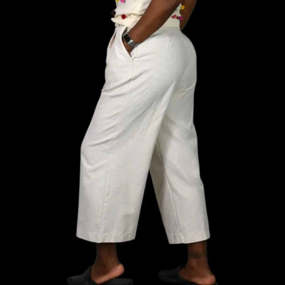 Zara Wide Leg Crop Pants Beige Linen Trouser Pleat Front High Waist Cotton Small